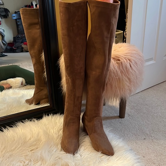 Amazon Shoes - Amazon boots. Thigh high. Brand new. Size 8 1/2. Block heel. Color is taupe.